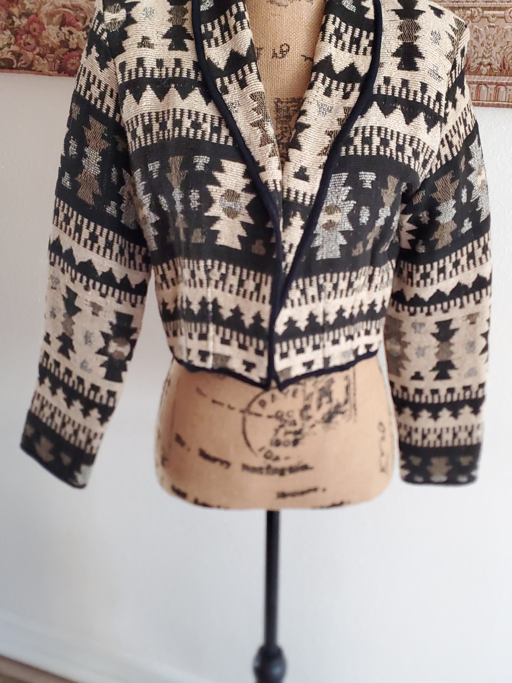 New Identity Petite S Cropped Tapestry Jacket Aztec Southwestern Cotton 90s